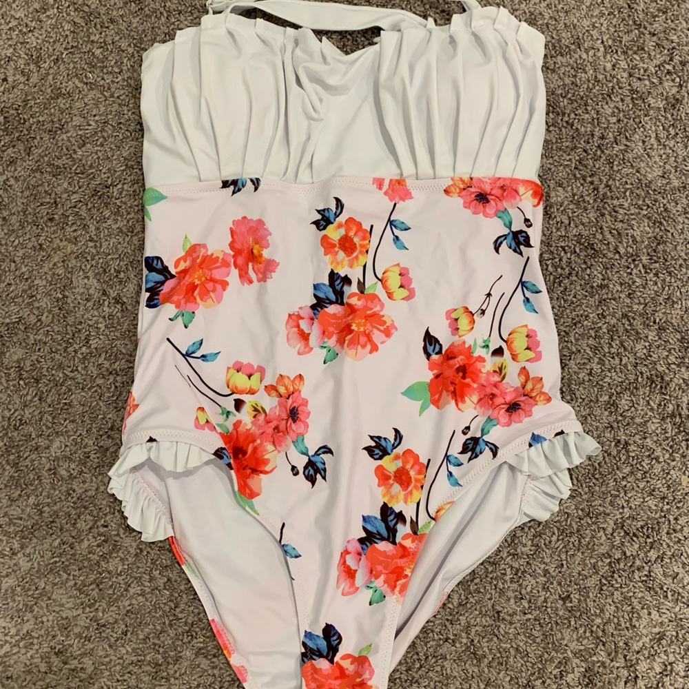 Floral One Piece Swimsuit - White and Pink